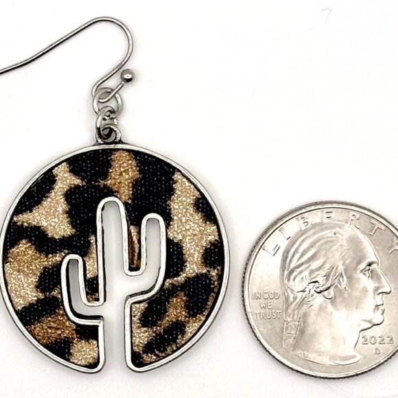 Round Western Leopard Print Animal Print Saguaro Cactus Outline Dangle Earrings - Picture 4 of 5